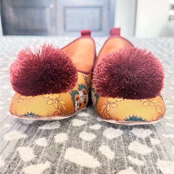 Tory Burch Satin Floral Flats with Burgundy and Gold with Pom - Picture 4 of 9